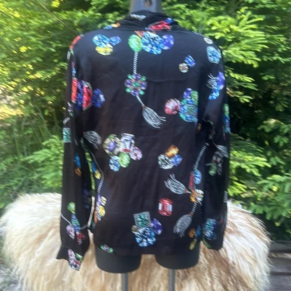 Jewel Printed Silk Waterfall Neckline Long sleeve Top Mob Wife Italian Lux Sz L - Picture 6 of 9
